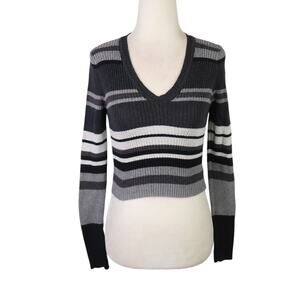 Brandy Melville Grey Striped Rib Knit Long Sleeve Crop Sweater